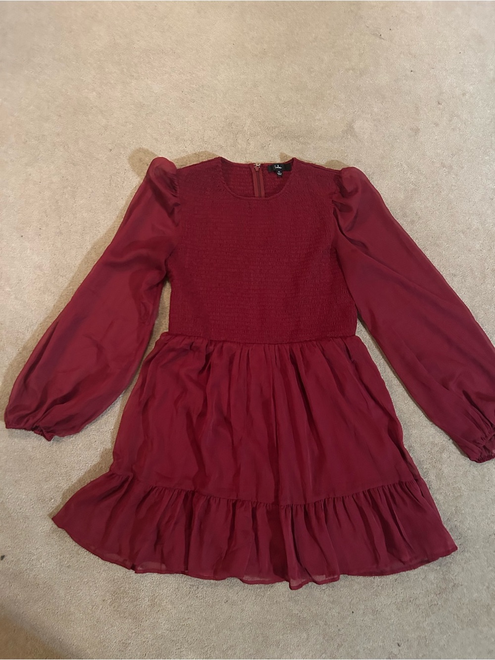 Women’s Burgundy Long-Sleeve Smocked Bodice Dress